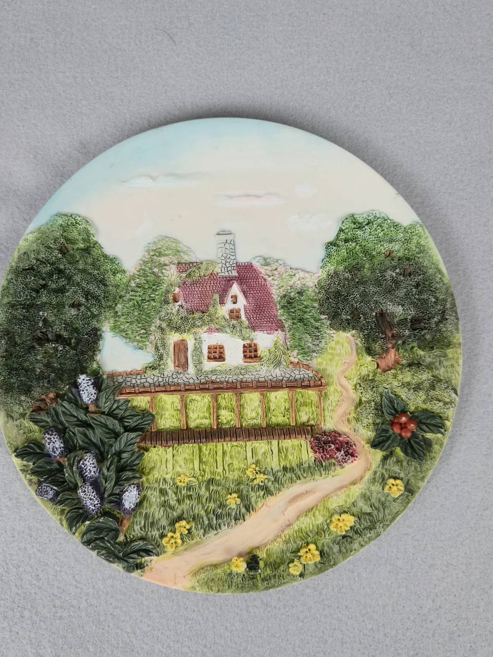 Vintage 3D Chalkware Cottage Wall Plaque – Rustic Countryside Decor – 7.5